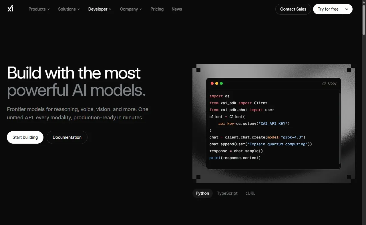 The xAI API developer page on x.ai with a Python code sample that uses the xai_sdk client to call a Grok model.