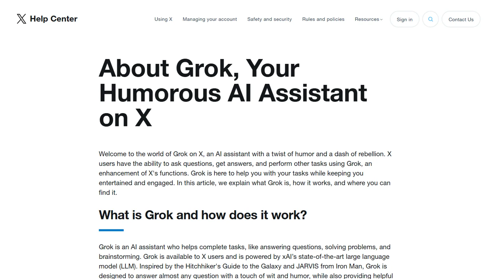 Official X Help Center page explaining Grok on X.