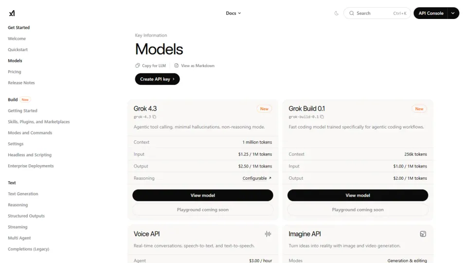 Official xAI model documentation page showing current Grok model cards.
