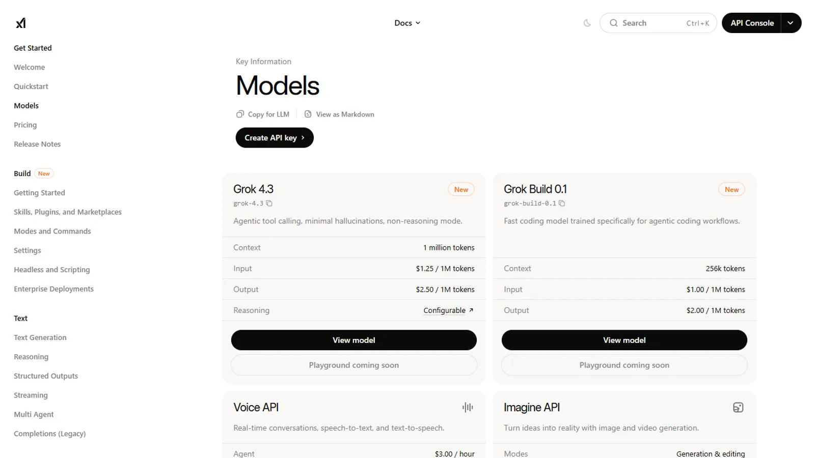 Official xAI model documentation page showing current Grok model cards.