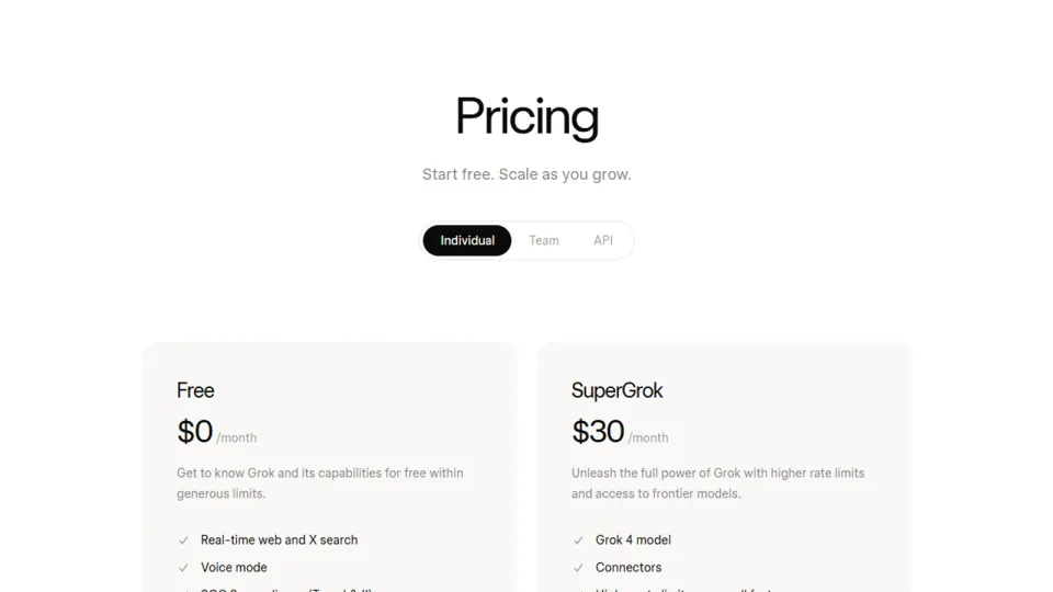 Official xAI pricing page showing Free and SuperGrok plan cards.